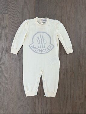 Moncler Cream Knit Logo Baby One-Piece Footie